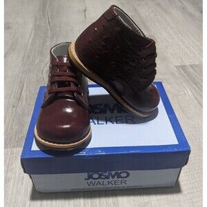 New Josmo Walker Burgundy Patent Ostrich Tie Baby Shoes Sz 3 w/ Box